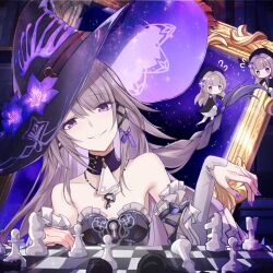 1girl bare_shoulders board_game braid chess chess_piece chessboard detached_collar detached_sleeves dress elbow_gloves flower gloves hat hat_flower herta_(honkai:_star_rail) highres honkai:_star_rail honkai_(series) long_hair looking_at_viewer mirror nail_polish purple_dress purple_eyes purple_hair purple_nails revision saint_laurent_paris smile solo the_herta_(honkai:_star_rail) upper_body witch witch_hat