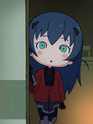 1girl :o ayanami_rei ayanami_rei_(cosplay) black_bodysuit blue_hair blush_stickers bodysuit bodysuit_under_clothes breasts chibi evangelion:_3.0+1.0_thrice_upon_a_time green_eyes highres igawa_asagi igawa_asagi_(clone) indoors japanese_clothes long_hair looking_at_viewer nature parody pun rebuild_of_evangelion solo standing sweat taimanin_(series) taimanin_asagi taimanun trait_connection wide_hips