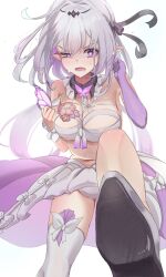 Rule 34 | 1girl, absurdres, bare shoulders, black ribbon, breasts, castorice (honkai: star rail), chuuna (unagiunazy), colored extremities, dress, from below, highres, honkai: star rail, honkai (series), large breasts, long hair, open mouth, pointy ears, purple eyes, purple hair, purple hands, revealing clothes, ribbon, simple background, solo, thighhighs, white background, white dress, white thighhighs