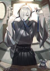 1boy backlighting black_hair black_hakama blue_ribbon cowboy_shot door earrings fisheye flower grey_eyes grey_kimono hair_over_one_eye hakama hand_mirror hands_up highres holding holding_ribbon indoors jade_(gemstone) japanese_clothes jewelry kimono looking_at_viewer magatama magatama_earrings mirror mouth_hold multicolored_hair original ribbon ribbon_in_mouth romayasu short_hair standing stuffed_toy sunburst table tatami two-tone_hair vase white_flower white_hair