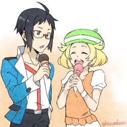 Rule 34 | 1boy, 1girl, ahoge, belt, bianca (pokemon), black hair, blonde hair, blue eyes, cheren (pokemon), closed eyes, collarbone, cowboy shot, food, glasses, gradient background, green headwear, holding, holding food, holding ice cream, ice cream, kaori kazuma, nintendo, open mouth, orange background, pokemon, pokemon bw, puffy short sleeves, puffy sleeves, short sleeves, twitter username, white background