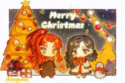 Rule 34 | 2girls, alternate costume, binah (project moon), black coat, black eyes, black hair, blonde hair, bngb love, border, bow, box, chibi, christmas tree, coat, colored inner hair, earrings, full body, fur-trimmed coat, fur trim, gebura (project moon), gift, gift box, grey background, grey eyes, heterochromia, highres, jewelry, library of ruina, long hair, long sleeves, looking at viewer, merry christmas, mole, mole under eye, multicolored hair, multiple girls, parted bangs, ponytail, project moon, red bow, red hair, red scarf, scar, scar across eye, scar on face, scarf, sidelocks, simple background, standing, very long hair, white border, white coat, yellow eyes