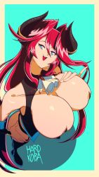 1girl absurdres ascot blue_background blue_eyes border bracelet breasts cleavage collar collared_vest epaulettes garter_belt garter_straps hair_intakes hand_on_own_chest hand_on_own_hip hardkoba highres horns huge_breasts jewelry long_hair looking_to_the_side open_mouth red_hair shoes sidelocks smile solo thick_thighs thighs tsunoko_(eu03) twintails vest white_border