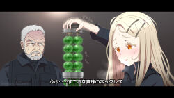 1boy 1girl absurdres afterimage beard blonde_hair blush colored_eyelashes facial_hair gakuen_idolmaster green_eyes grey_hair highres idolmaster letterboxed long_hair orange_eyes parody sean_connery shapoco shinosawa_hiro sweat the_rock_(movie) translated trembling