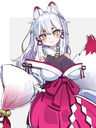 1girl absurdres animal_ears artist_request black_bodysuit body_freckles bodysuit bow breasts commission fox_ears fox_girl fox_tail freckles frills fur_collar gohei hair_between_eyes hair_bow hair_ornament hair_ribbon highres indie_virtual_youtuber japanese_clothes kagari_kitsune large_breasts long_hair long_sleeves messy_hair multicolored_hair nemun_(nemui7b) nontraditional_miko pink_hair red_ribbon ribbon sidelocks simple_background skeb_commission skirt sleeves_past_fingers sleeves_past_wrists slit_pupils tail virtual_youtuber white_hair yellow_eyes