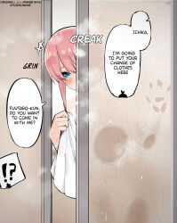 !? +++ 1girl against_glass bathroom blue_eyes blush breast_press breasts breasts_on_glass completely_nude english_text go-toubun_no_hanayome groin hand_on_glass hard-translated highres holding holding_towel large_breasts looking_at_viewer mame1645 nakano_ichika nude pink_hair see-through_silhouette short_hair solo speech_bubble third-party_edit towel translated