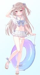 Rule 34 | 1girl, bracelet, breasts, fingernails, grey ribbon, hair between eyes, hair ornament, hair over shoulder, hair ribbon, hand up, highres, holding, jewelry, kinakon, long hair, long legs, looking at viewer, makeup, necklace, original, pink eyes, platform shoes, purple nails, ribbon, rouge (makeup), small breasts, smile, standing, standing on one leg, starfish, swim ring, swimsuit, white background