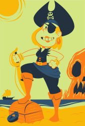 1girl absurdres black_pants blonde_hair boots breasts chadrocco clenched_hands ear_piercing earrings eyepatch highres holding holding_sword holding_weapon hoop_earrings jewelry looking_at_viewer mature_female one_eye_covered open_mouth pants piercing pirate rita_loud smile solo sun sword teeth the_loud_house toon_(style) torn_clothes torn_sleeves treasure_chest weapon