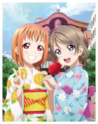 2girls ahoge artbook blue_eyes blush candy_apple day floral_print food grey_hair grin highres japanese_clothes kimono looking_at_viewer love_live! love_live!_sunshine!! multiple_girls non-web_source obi official_art open_mouth orange_hair outdoors red_eyes sash short_hair short_twintails sky smile takami_chika twintails upper_body v watanabe_you yukata