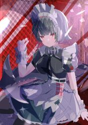 1girl :t black_dress black_hair dress ellen_joe fins fish_tail frilled_wristband gaohuang43450 hairband maid maid_headdress metal_hairband razor_blade_hair_ornament red_eyes shark_girl shark_tail spiked_headband tail zenless_zone_zero