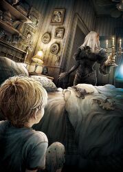 1boy 1girl bed black_dress book candle candlestand ceiling_fan child commentary_request covered_face curtains desk_lamp dress fingernails highres horror_(theme) indoors juliet_sleeves kobone_awaki lamp light_particles long_sleeves nightstand original painting_(object) pajamas photo_(object) pillow puffy_sleeves sharp_fingernails shelf shirt sleeves_past_wrists t-shirt toy_dinosaur trophy veil window