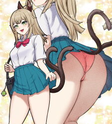 1girl absurdres alternate_costume animal_ears ass bag bag_charm blue_skirt bow bowtie breasts brown_hair cat_ears cat_girl cat_tail charm_(object) clothes_lift collared_shirt commentary contemporary english_commentary fang feet_out_of_frame from_behind genshin_impact green_eyes head_out_of_frame heart heart_tail highres joonibell kirara_(genshin_impact) lifting_own_clothes looking_at_viewer medium_breasts medium_hair miniskirt multiple_tails multiple_views nekomata open_mouth panties pantyshot patterned_background pink_panties pleated_skirt ponytail puckered_lips red_bow red_bowtie school_bag school_uniform shirt shirt_tucked_in short_sleeves sidelocks skirt skirt_lift smile standing tail traditional_bowtie two_tails underwear vision_(genshin_impact) white_shirt wing_collar