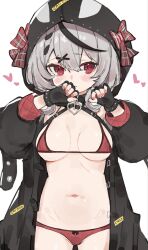 1girl bikini black_hair breasts censored fenrir_(fenriluuu) grey_hair highres hololive hood jacket large_breasts micro_bikini multicolored_hair navel open_clothes open_jacket pussy red_bikini red_eyes sakamata_chloe sakamata_chloe_(1st_costume) shy solo stomach streaked_hair swimsuit virtual_youtuber