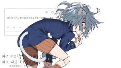 1other animal_ears bent_over blue_jacket brown_shorts cat_ears cat_girl cat_tail crazy_eyes fingernails from_behind grey_hair hunter_x_hunter jacket joints light_smile looking_at_viewer messy_hair neferpitou other_focus red_eyes sharp_fingernails shiro_srmsk short_hair short_shorts shorts simple_background solo standing standing_on_one_leg tail watermark white_background