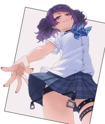 Rule 34 | 1girl, breasts, choker, collared shirt, diagonal bangs, ear piercing, from below, highres, idolmaster, idolmaster shiny colors, ito (itokayu), loose neck ribbon, medium breasts, miniskirt, neck ribbon, piercing, plaid clothes, plaid skirt, purple eyes, purple hair, purple nails, ribbon, school uniform, shirt, short sleeves, skirt, smile, solo, studded choker, tanaka mamimi, thigh strap, thighs, twintails, white background