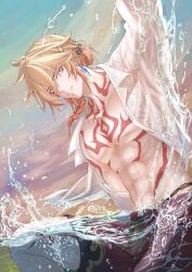 1boy alternate_costume blonde_hair braid chest_tattoo collared_shirt commentary_request earrings facial_tattoo gradient_hair hair_between_eyes hair_ornament hairpin highres honkai:_star_rail honkai_(series) jewelry male_focus male_swimwear medium_hair multicolored_hair mydei_(honkai:_star_rail) open_clothes open_shirt partially_submerged red_hair red_male_swimwear red_swim_trunks red_tattoo saket2024 see-through_clothes see-through_shirt shirt side_braid solo splashing swim_trunks tattoo wet wet_clothes wet_shirt white_shirt yellow_eyes