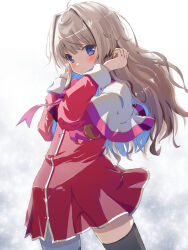 Rule 34 | 1girl, adjusting hair, akayama yukihe, black thighhighs, blue eyes, blunt bangs, blush, bow, brown hair, capelet, closed mouth, commentary, cowboy shot, dress, frown, grey background, hair intakes, hands up, highres, kanon, long hair, long sleeves, looking at viewer, misaka kaori, pink bow, red dress, school uniform, short dress, sidelocks, simple background, snow, solo, standing, thighhighs, wavy hair, white background, white capelet, zettai ryouiki