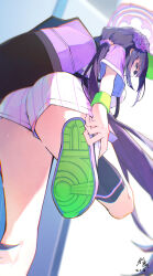 1girl absurdres adjusting_footwear bag bent_over black_socks blue_archive blue_eyes flower from_behind from_below green_hat green_shoes hair_flower hair_ornament hair_scrunchie hat highres holding holding_bag looking_at_viewer nekomochi official_alternate_costume official_alternate_hairstyle ponytail purple_bag purple_flower purple_hair purple_scrunchie purple_shirt scrunchie shirt shoe_soles shoes short_shorts shorts sidelocks socks standing standing_on_one_leg sumire_(blue_archive) sumire_(part-time)_(blue_archive) visor_cap white_shorts