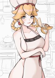 1girl alternate_hairstyle apron arm_under_breasts artist_name banana blonde_hair blue_eyes braid breasts chef_hat cleavage female_focus food fruit hat highres kitchen large_breasts legs licking_lips long_hair looking_at_viewer mario_(series) mourderousx naked_apron naughty_face nintendo patissiere_peach princess_peach princess_peach:_showtime! smile solo standing thighs tongue tongue_out twin_braids