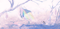 Rule 34 | 1girl, absurdres, angel, angel wings, animal on arm, barefoot, black hair, bug, cocoon, dress, giant insect, heaven, highres, huge filesize, insect, kojomi (7j543), long hair, moth, original, outstretched arm, rainbow, scenery, shadow, short sleeves, solo, tree, white dress, wings
