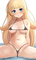Rule 34 | 1girl, absurdres, areola slip, arms behind back, bare shoulders, bikini, black bikini, blonde hair, blue eyes, blush, breasts, breasts apart, closed mouth, collarbone, frontal wedgie, frown, gluteal fold, groin, highres, hime-sama &quot;goumon&quot; no jikan desu, hime (himesama goumon), karamete19, long hair, looking at viewer, medium breasts, micro bikini, navel, partially submerged, solo, spread legs, stomach, swimsuit, thighs, very long hair, water, wedgie, wet