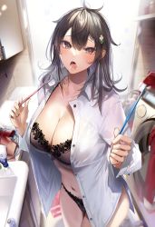 Rule 34 | 1girl, bathroom, black bow, black bra, black hair, black panties, bow, bow bra, bra, breasts, brown eyes, brushing teeth, buttons, cable, cameltoe, cleavage, collarbone, collared shirt, cowboy shot, cropped, day, dress shirt, eyelashes, fingernails, flower, groin, hair between eyes, hair dryer, hair flower, hair ornament, hairclip, highres, holding, holding toothbrush, indoors, kakao (chocolate land), lace, lace-trimmed bra, lace panties, lace trim, large breasts, long fingernails, long hair, long sleeves, looking at viewer, melonbooks, navel, open clothes, open mouth, open shirt, original, panties, saliva, saliva trail, shirt, sidelocks, sink, solo, standing, stomach, tongue, toothbrush, toothpaste, towel, underwear, very long hair, washing machine, white shirt, wing collar