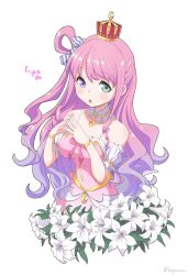 Rule 34 | 1girl, bare shoulders, blush, bow, bracelet, candy hair ornament, collarbone, crescent, crescent earrings, crown, detached collar, detached sleeves, dot nose, dress, dress bow, earrings, flower, food, food-themed hair ornament, frilled sleeves, frills, gradient hair, green eyes, haganemaru kennosuke, hair ornament, hair rings, heterochromia, highres, himemori luna, himemori luna (1st costume), hololive, jewelry, lily (flower), long hair, looking at viewer, mini crown, multicolored hair, one side up, open mouth, pink hair, puffy short sleeves, puffy sleeves, purple eyes, purple hair, red crown, short sleeves, single hair ring, solo, striped bow, virtual youtuber, wavy hair