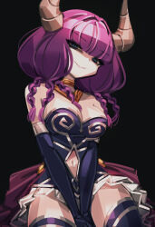1girl arms_between_legs aura_(sousou_no_frieren) bare_shoulders black_background black_dress black_gloves black_thighhighs blue_eyes blunt_bangs braid breasts cleavage closed_mouth clothing_cutout demon_girl demon_horns dress eyebrows_hidden_by_hair eyes_visible_through_hair fingerless_gloves gloves gold_choker gold_necklace highres horns jewelry large_breasts long_hair looking_at_viewer makaroll multiple_braids navel navel_cutout necklace purple_hair short_dress sitting skirt smile solo sousou_no_frieren thighhighs thighs white_skirt