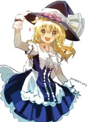 Rule 34 | 1girl, apron, arm up, artist name, back bow, black dress, black hat, blonde hair, bow, braid, breasts, brown eyes, capelet, commentary, curiosities of lotus asia, dress, frills, gloves, hand on headwear, hat, hat bow, kirisame marisa, kuroda (kuro yyy), long hair, official alternate costume, open mouth, short sleeves, signature, simple background, small breasts, smile, solo, standing, teeth, touhou, upper teeth only, waist apron, white apron, white background, white bow, white capelet, white gloves, witch hat