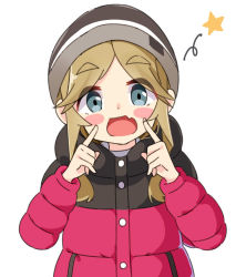 1girl :d beanie black_hat blue_eyes blush_stickers brown_hair commentary_request down_jacket fang fingers_to_cheeks hat inuyama_akari jacket kapuru_0410 long_hair looking_at_viewer open_mouth parted_bangs red_jacket short_eyebrows simple_background smile solo star_(symbol) thick_eyebrows upper_body white_background yurucamp