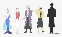1girl 4boys animal_collar baggy_pants bare_pectorals bare_shoulders beret black_blindfold black_boots black_coat black_collar black_hair black_hakama black_headband black_pants black_shirt blindfold blonde_hair blue_dress blue_eyes blue_hair blue_lips boots bracelet breasts chain chain_leash cleavage closed_eyes closed_mouth clothing_cutout coat cocktail_dress collar collared_coat colored_pencils_(paper_mario) colored_skin dress dress_pants earrings expressionless eyelashes forehead full_body fur_scarf gold_bracelet gold_earrings gold_necklace grey_background grey_skin hair_bun hair_over_one_eye hakama hakama_skirt hand_in_pocket hand_on_own_head hand_on_own_hip hat headband high_collar highres hole_punch_(paper_mario) hoop_earrings ika_razan injury jacket japanese_clothes jewelry knee_boots lace-up_boots leash leg_cutout lipstick long_dress long_sleeves looking_at_viewer makeup mario_(series) multiple_boys neck_ribbon necklace nintendo one_eye_closed open_clothes open_coat open_jacket panties pants paper_mario paper_mario:_the_origami_king pectorals personification pompadour puffy_long_sleeves puffy_sleeves purple_coat purple_eyes red_hat red_shoes red_vest ribbon rubber_band_(paper_mario) sash scarf shirt shoes short_hair simple_background single_hair_bun skirt sleeveless sleeveless_dress sleeves_past_fingers sleeves_past_wrists smile sneakers spiked_collar spikes standing stapler_(paper_mario) straight-on tape_(paper_mario) toned toned_male underwear updo vest waist_sash white_hair white_panties white_sash white_scarf white_shirt wink_star yellow_jacket yellow_ribbon yellow_shoes