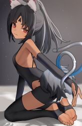 1girl absurdres animal_ear_fluff animal_ears black_hair breasts cat_ears cat_girl closed_mouth dark-skinned_female dark_skin facial_mark feet forehead_mark from_side full_body highres indoors long_hair looking_at_viewer multiple_tails nekomiya_mana parted_lips ponytail red_eyes shadow sidelocks small_breasts smile soles solo tail thomas_8000 toes two_tails zenless_zone_zero