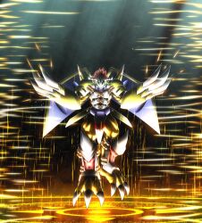 1boy a10thunderboit armor black_background claw_(weapon) colored_skin digimon digimon_(creature) digimon_adventure:_(2020) dragon full_body gauntlets glowing glowing_eyes green_eyes helmet highres male_focus orange_skin red_hair short_hair solo wargreymon weapon yellow_armor
