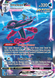artist_name black_sclera blue_pupils card_(medium) character_name closed_mouth cloud colored_sclera company_name copyright_name copyright_notice dynamax english_text gen_8_pokemon gigantamax gigantamax_inteleon inteleon night night_sky nintendo official_art outdoors pillar_of_light pokemon pokemon_(creature) pokemon_card pokemon_focus pokemon_tcg red_clouds red_eyes rounin_(amuza) sky solo star_(sky) starry_sky third-party_source trading_card