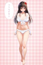 1girl bare_shoulders bikini black_hair blush breasts breasts_apart brown_eyes cleavage collarbone cygnus_(cygnus7) earrings feet flower full_body groin hair_flower hair_ornament highres jewelry kotegawa_yui large_breasts legs long_hair navel shiny_skin simple_background smile solo swimsuit thigh_gap thighs to_love-ru toes white_bikini