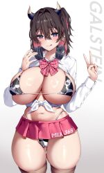 1girl :q animal_print bikini black_hair blue_eyes bow bowtie breasts brown_thighhighs closed_mouth collared_shirt colored_inner_hair commentary_request cow_print cow_print_bikini cowboy_shot ear_piercing gluteal_fold hands_up headphones headphones_around_neck highleg highleg_bikini highres horns huge_breasts long_sleeves mataro_(matarou) microskirt multicolored_hair navel original piercing pink_bow pink_bowtie pink_hair pink_skirt pleated_skirt print_bikini shirt simple_background skindentation skirt smile solo swimsuit thick_thighs thighhighs thighs tongue tongue_out underboob v white_background white_shirt