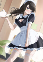 1girl ai_(u_e_o_o) alternate_costume apron black_dress blue_eyes blush breasts brown_hair cleavage cleavage_cutout closed_mouth clothing_cutout dress heart_cutout highres hololive long_hair looking_at_viewer maid maid_headdress medium_breasts oozora_subaru smile solo subaru_duck thighhighs virtual_youtuber white_apron white_headdress white_thighhighs