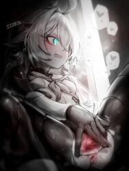 1girl ahoge anus blue_eyes blur_censor censored eudie_(shadowverse) fang gloves greyscale heart highres kupa_(jesterwii) long_hair monochrome open_mouth pussy pussy_juice ralmia_(shadowverse) shadowverse sitting solo spoken_heart spread_pussy
