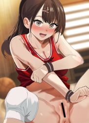 1girl :d ball bar_censor basketball_(object) basketball_uniform blush breasts brown_hair censored cleavage collarbone commentary_request hair_ornament highres long_hair open_mouth original ponytail pussy shiroi_soda smile solo sportswear tongue x_hair_ornament yellow_eyes