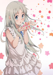 Rule 34 | 1girl, amayomiyu, ano hi mita hana no namae wo bokutachi wa mada shiranai., bare arms, bare shoulders, blue eyes, blue ribbon, blush, commentary, cowboy shot, dress, floral background, flower symbol, frilled dress, frilled shirt collar, frills, gradient background, grey hair, hands up, honma meiko, long hair, open mouth, pixiv username, ribbon, sleeveless, sleeveless dress, solo, twitter username, very long hair, white dress, wind