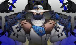 1boy blue_eyes chess_piece cypher_(valorant) extra_arms hat highres holding holding_chess_piece jacket looking_at_viewer male_focus mask nanana_(syoki0916) straight-on upper_body valorant white_hat white_jacket zoom_layer