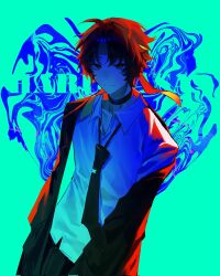 1boy asaba_harumasa black_choker black_hair black_necktie black_pants character_name choker closed_mouth collared_shirt headband highres jacket long_sleeves looking_at_viewer male_focus moyu0211 necktie off_shoulder open_clothes open_jacket pants shirt simple_background solo upper_body white_shirt yellow_headband zenless_zone_zero