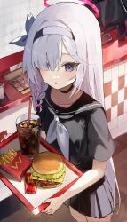 black_choker black_hairband black_serafuku blue_archive burger choker dolkko28 food french_fries grey_eyes grey_hair hairband halo highres holding holding_tray long_hair looking_at_viewer multicolored_hair neckerchief pink_hair plana_(blue_archive) red_halo school_uniform serafuku soda thighs tray two-tone_hair white_neckerchief
