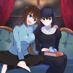2girls aozaki_aoko black_dress black_hair black_pants blue_eyes blue_sweater brown_hair dress highres kouta_(kesigomutopen) kuonji_alice long_hair mahou_tsukai_no_yoru multiple_girls on_chair open_mouth pants short_hair sitting sweater