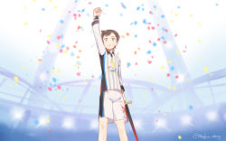 1boy absurdres arm_up artist_name blood brown_hair closed_mouth collared_shirt commentary_request confetti dynamax_band highres holding holding_sword holding_weapon knees light male_focus nintendo pokemon pokemon_swsh shirt shorts side_slit side_slit_shorts solo stadium swept_bangs sword victor_(pokemon) watermark weapon youchengyan