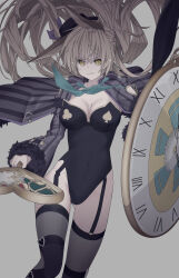 1girl aqua_neckerchief black_garter_straps black_hat black_leotard blonde_hair breasts chaos_white_rabbit_(grimms_notes) clenched_teeth clothing_cutout covered_navel cowboy_shot garter_straps grey_background grimms_notes hat hat_ribbon heart_cutout highres holding holding_shield holding_weapon iumi_urura jacket leotard medium_breasts neckerchief purple_jacket purple_ribbon ribbon shield simple_background solo striped_clothes striped_jacket teeth thighhighs top_hat vertical-striped_clothes vertical-striped_jacket weapon yellow_eyes