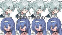! ... 1boy 1girl :t aqua_hair black-framed_eyewear black_choker blue_eyes blue_hair blue_jacket bow chinese_commentary choker closed_mouth collared_shirt commentary_request commission diurtion expressionless eyelashes glasses hair_between_eyes hair_bow hairband heart heart_choker heterochromia highres jacket long_hair looking_at_viewer multiple_expressions nervous original pixel_art pout purple_eyes shaded_face shirt sigh simple_background smile spoken_ellipsis spoken_exclamation_mark straight_hair sweatdrop two_side_up upper_body very_long_hair white_background white_bow white_hairband white_shirt yellow_eyes