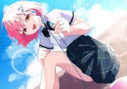1girl :d ahoge black_bow blue_sky blush bow bowtie brown_eyes cloud collared_shirt day dress_shirt hair_ornament hairclip highres looking_at_viewer nogiro_(usa_ru) ootori_kokona open_mouth outdoors pink_hair pleated_skirt school_uniform shirt short_hair short_sleeves skirt sky smile solo white_shirt world_dai_star