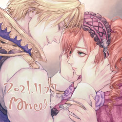 1boy 1girl amy_sorel artist_name blonde_hair brown_background capelet closed_eyes dated drill_hair father_and_daughter frown green_eyes grin hands_on_another&#039;s_face headdress long_hair looking_up morito_leaf9 pink_capelet popped_collar portrait raphael_sorel red_hair short_hair smile soul_calibur soulcalibur soulcalibur_vi twin_drills variant_set