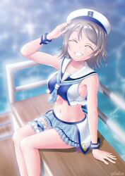 1girl absurdres arm_up armpits ass bench blush boat breasts brown_hair closed_eyes closed_mouth commentary_request crop_top dot_nose earrings facing_viewer frilled_thigh_strap grey_hair grin hat highres jewelry love_live! love_live!_sunshine!! medium_breasts midriff navel necktie ocean railing sailor sailor_collar sailor_hat salute short_hair sideboob sitting skirt smile solo stomach teeth thigh_strap thighs toine watanabe_you water watercraft wavy_hair wrist_cuffs